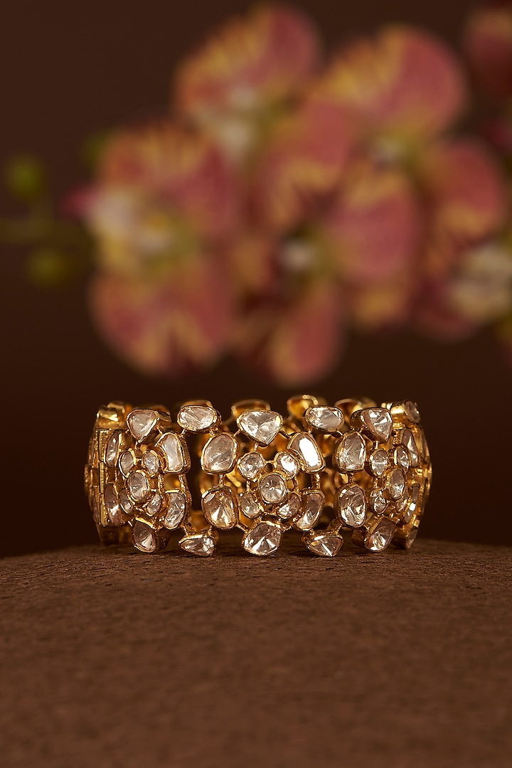 Gold Finish Moissanite Polki Bangle In Sterling Silver by STELLA CREATIONS at Pernia's Pop Up Shop