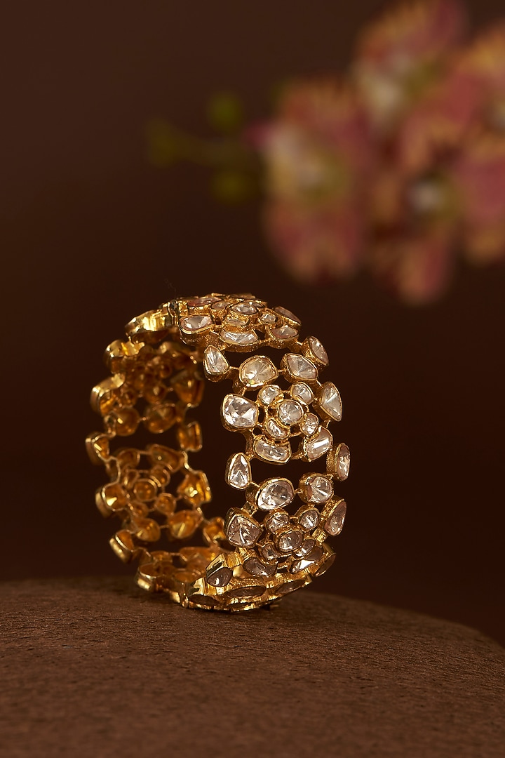 Gold Finish Moissanite Polki Bangle In Sterling Silver by STELLA CREATIONS at Pernia's Pop Up Shop