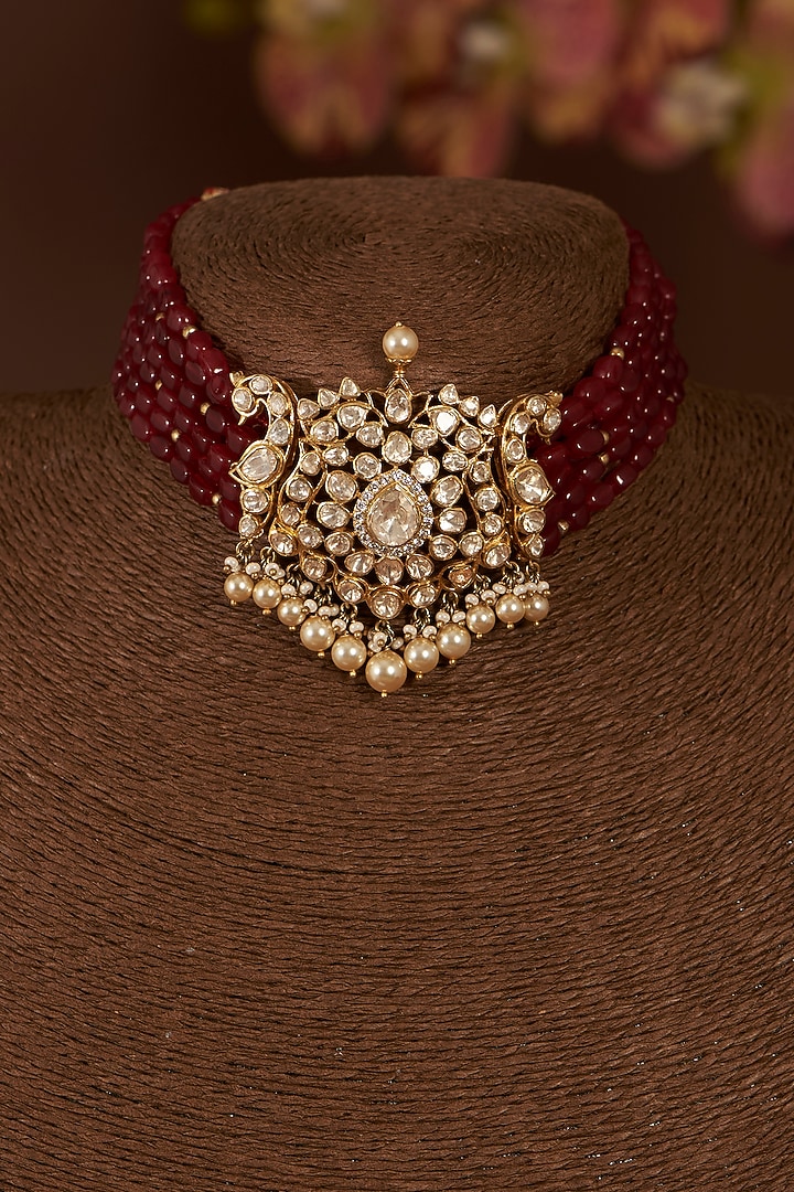 Gold Finish Moissanite Polki & Synthetic Ruby Choker Necklace Set In Sterling Silver by STELLA CREATIONS at Pernia's Pop Up Shop
