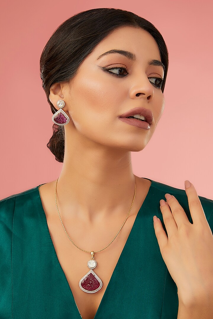 Gold Finish Moissanite Polki & Eurostar CZ Pendant Necklace Set In Sterling Silver by STELLA CREATIONS at Pernia's Pop Up Shop