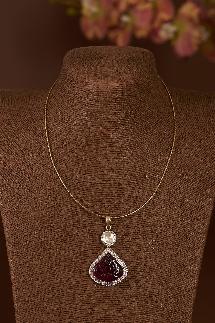 Gold Finish Moissanite Polki & Eurostar CZ Pendant Necklace Set In Sterling Silver by STELLA CREATIONS at Pernia's Pop Up Shop