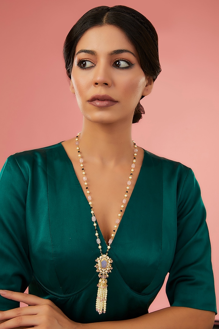 Gold Finish Moissanite Polki & Eurostar CZ Long Necklace In Sterling Silver by STELLA CREATIONS at Pernia's Pop Up Shop