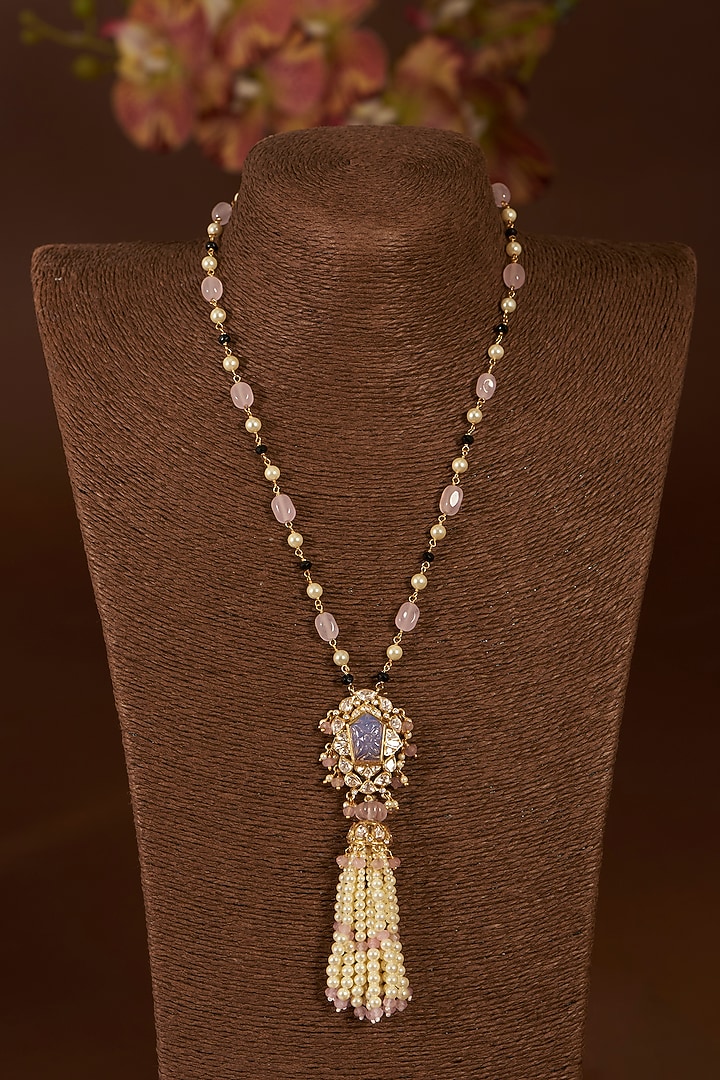 Gold Finish Moissanite Polki & Eurostar CZ Long Necklace In Sterling Silver by STELLA CREATIONS at Pernia's Pop Up Shop