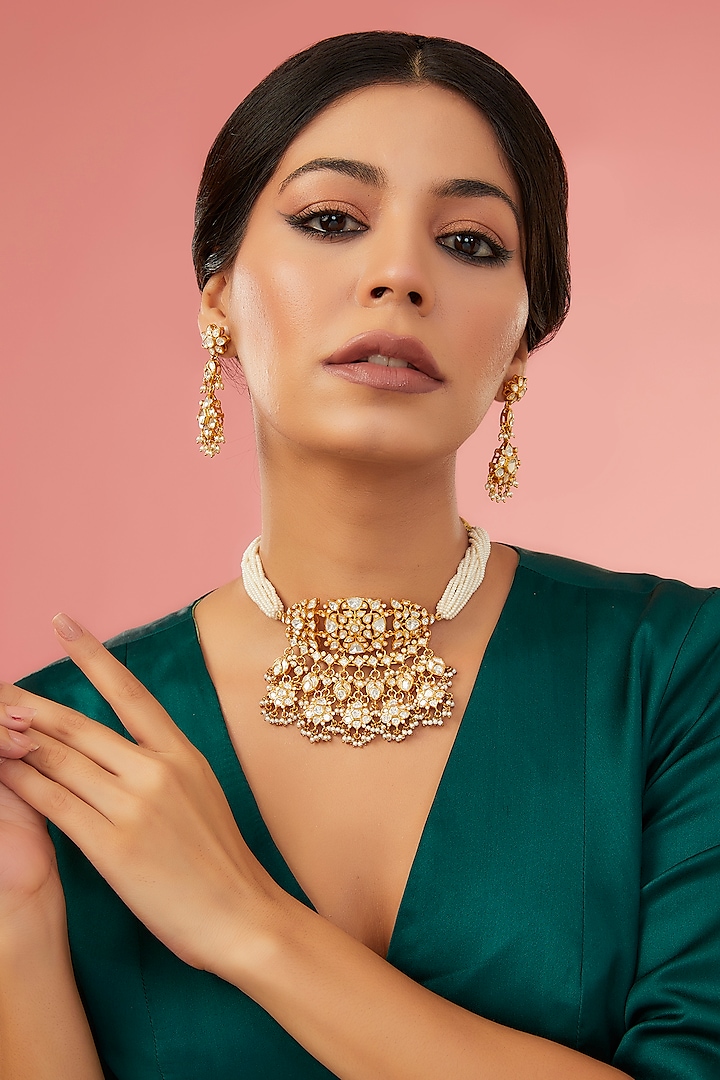 Gold Finish Moissanite Polki Choker Necklace Set In Sterling Silver by STELLA CREATIONS at Pernia's Pop Up Shop