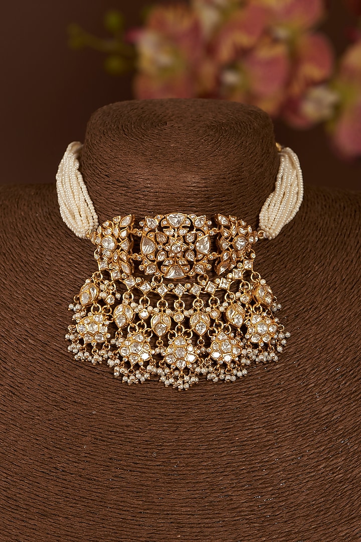 Gold Finish Moissanite Polki Choker Necklace Set In Sterling Silver by STELLA CREATIONS at Pernia's Pop Up Shop