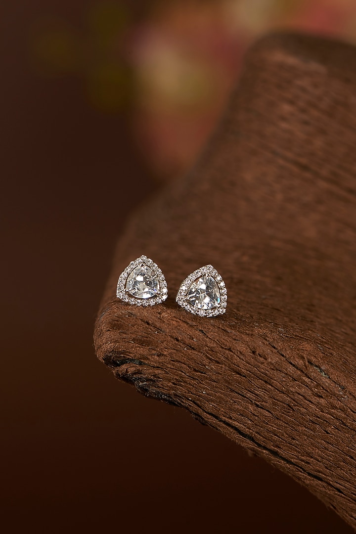 White Finish Eurostar CZ Stud Earrings In Sterling Silver by STELLA CREATIONS at Pernia's Pop Up Shop