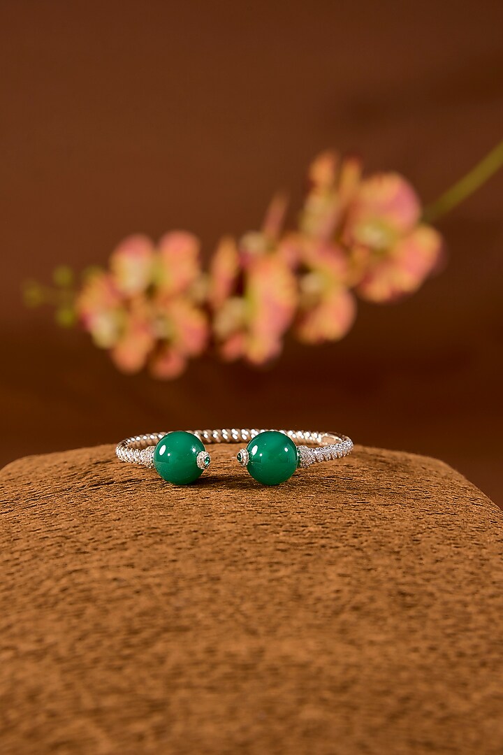 White Finish Zircon & Emerald Stone Bracelet In Sterling Silver by STELLA CREATIONS at Pernia's Pop Up Shop