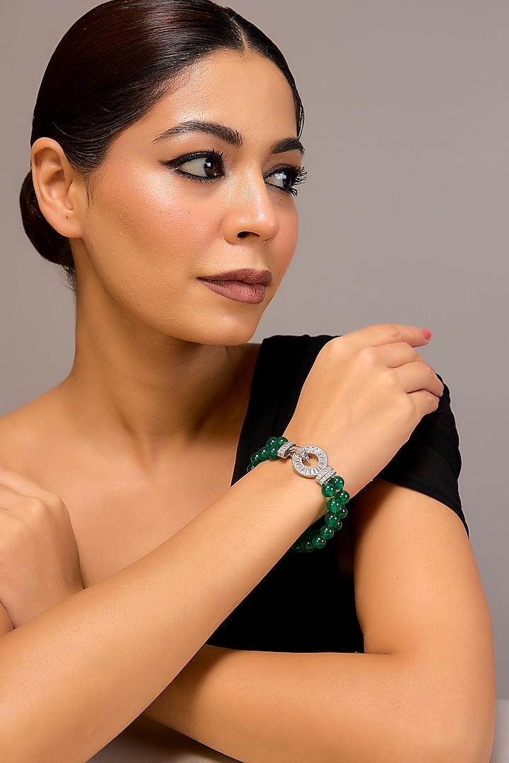 White Finish Emerald Stone & Beaded Bracelet In Sterling Silver by STELLA CREATIONS at Pernia's Pop Up Shop