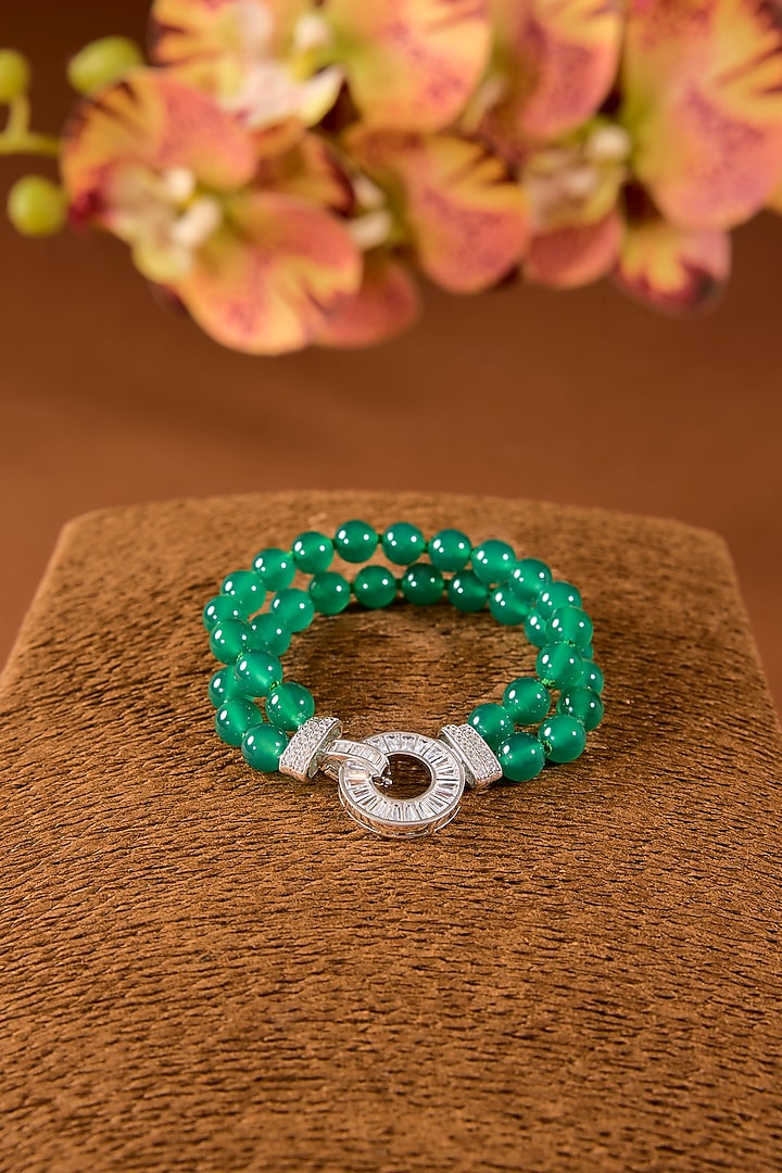 White Finish Emerald Stone & Beaded Bracelet In Sterling Silver by STELLA CREATIONS at Pernia's Pop Up Shop