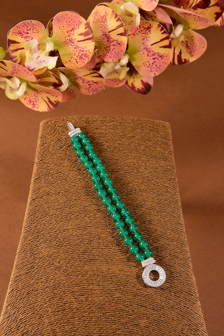 White Finish Emerald Stone & Beaded Bracelet In Sterling Silver by STELLA CREATIONS at Pernia's Pop Up Shop