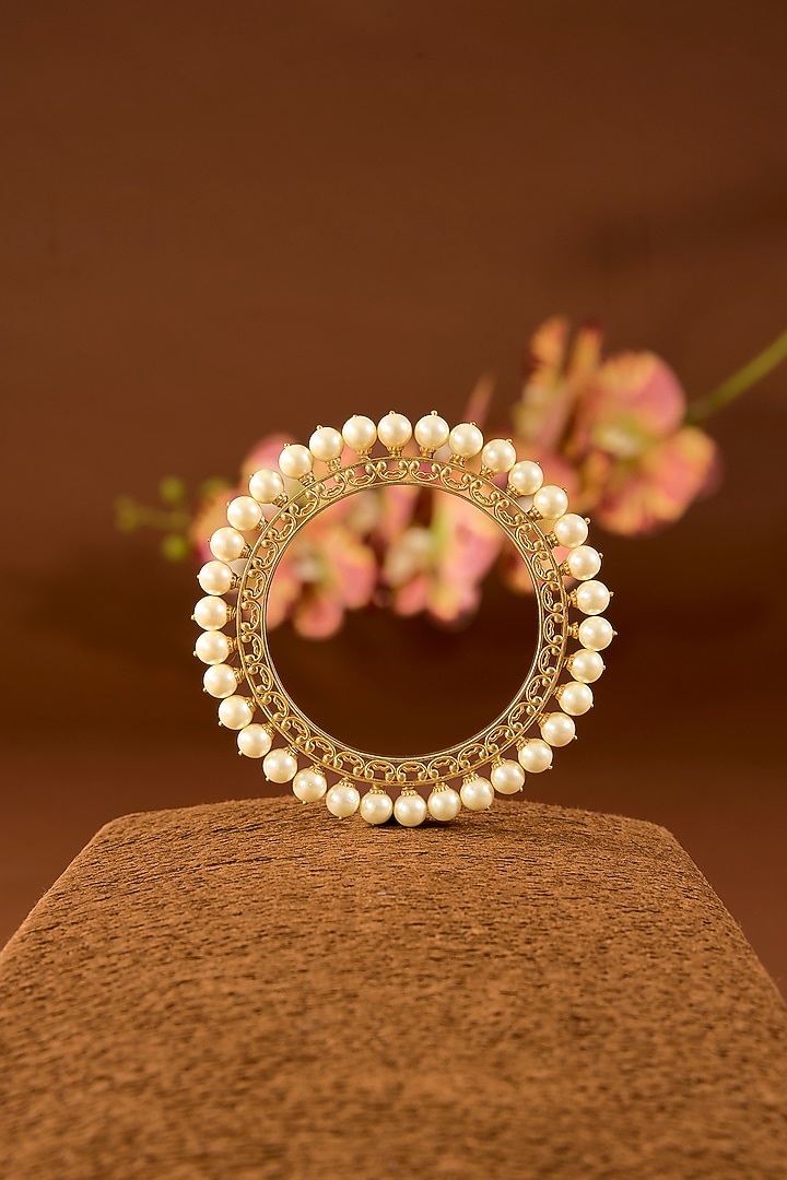 Gold Finish White Pearl Bangles In Sterling Silver (Set Of 2) by STELLA CREATIONS at Pernia's Pop Up Shop