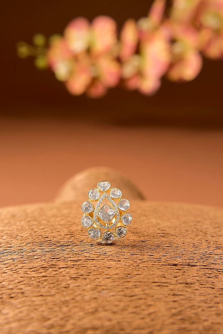 Gold Finish Moissanite Kundan Polki Ring In Sterling Silver by STELLA CREATIONS at Pernia's Pop Up Shop