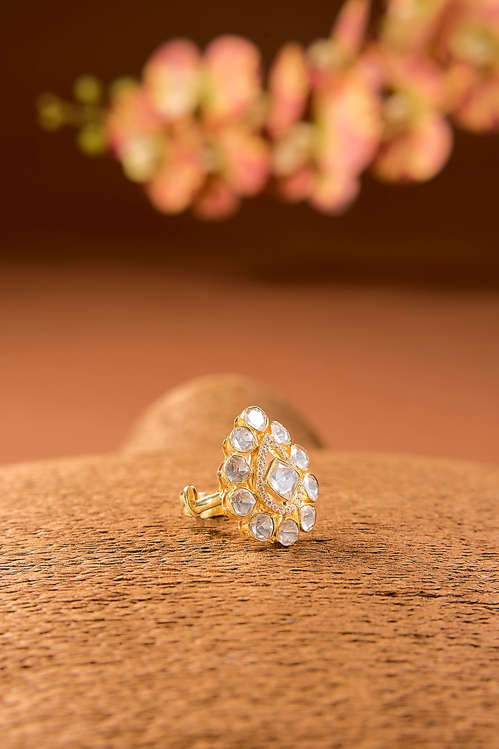 Gold Finish Moissanite Kundan Polki Ring In Sterling Silver by STELLA CREATIONS at Pernia's Pop Up Shop