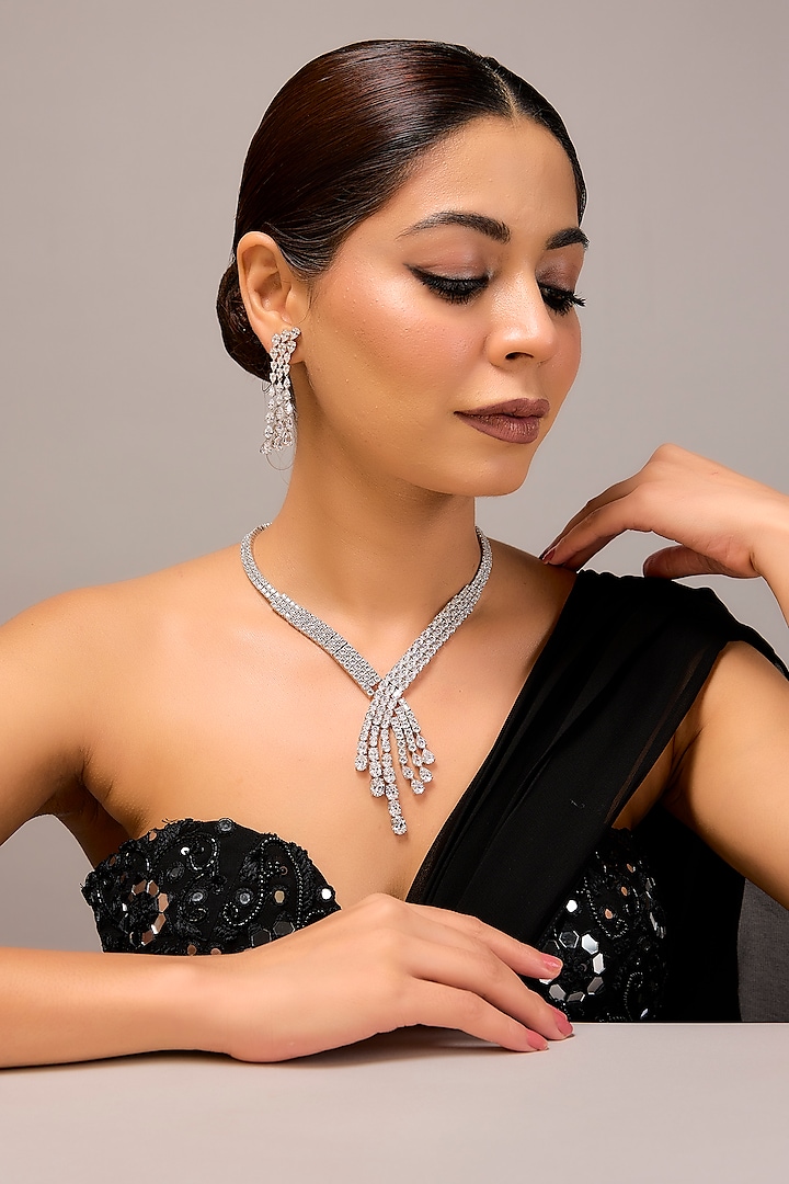 White Finish Zircon Necklace Set In Sterling Silver by STELLA CREATIONS at Pernia's Pop Up Shop