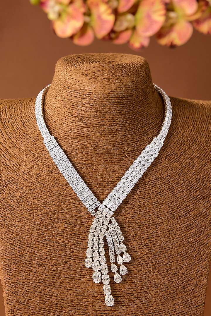 White Finish Zircon Necklace Set In Sterling Silver by STELLA CREATIONS at Pernia's Pop Up Shop