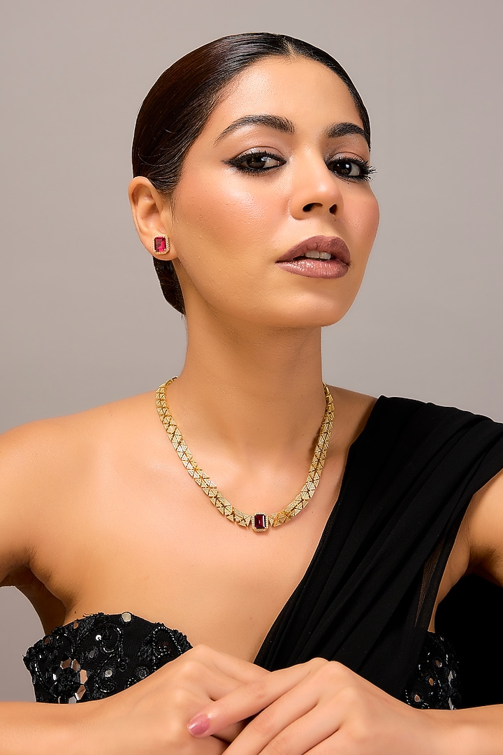 Gold Finish Zircon & Ruby Stone Necklace Set In Sterling Silver by STELLA CREATIONS at Pernia's Pop Up Shop