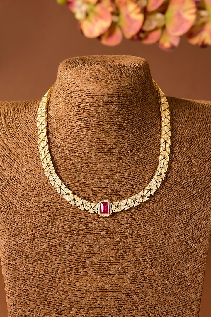 Gold Finish Zircon & Ruby Stone Necklace Set In Sterling Silver by STELLA CREATIONS at Pernia's Pop Up Shop