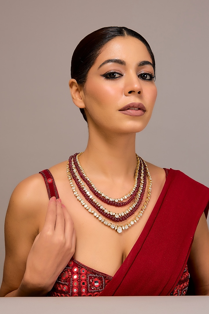 Gold Finish Red Kundan Polki Necklace In Sterling Silver by STELLA CREATIONS at Pernia's Pop Up Shop