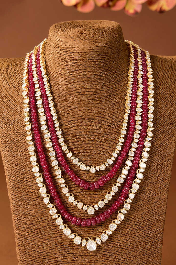 Gold Finish Red Kundan Polki Necklace In Sterling Silver by STELLA CREATIONS at Pernia's Pop Up Shop