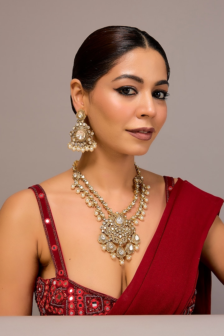 Gold Finish Kundan Polki Necklace Set In Sterling Silver by STELLA CREATIONS at Pernia's Pop Up Shop