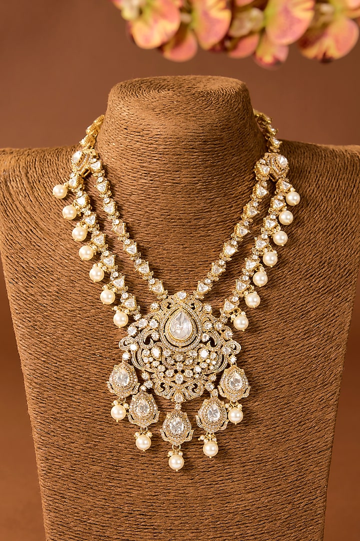 Gold Finish Kundan Polki Necklace Set In Sterling Silver by STELLA CREATIONS at Pernia's Pop Up Shop