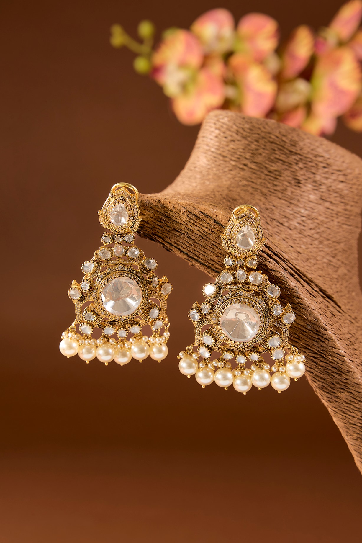 Gold Finish Kundan Polki Necklace Set In Sterling Silver by STELLA