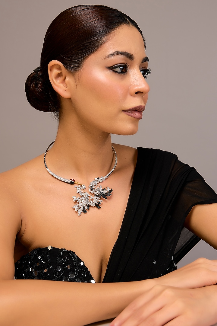 White Finish Zircon Black Enameled Choker Necklace In Sterling Silver by STELLA CREATIONS at Pernia's Pop Up Shop