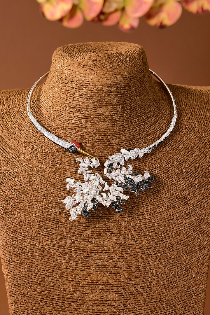 White Finish Zircon Black Enameled Choker Necklace In Sterling Silver by STELLA CREATIONS at Pernia's Pop Up Shop