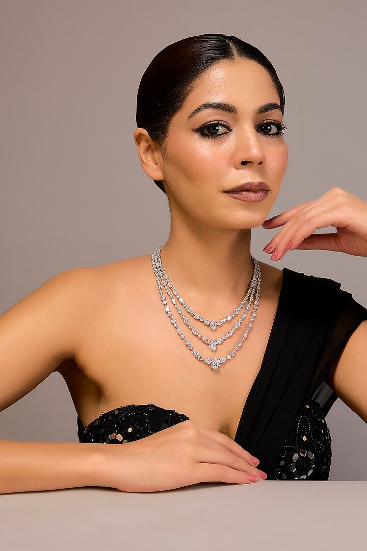 White Finish Zircon Long Necklace In Sterling Silver by STELLA CREATIONS at Pernia's Pop Up Shop