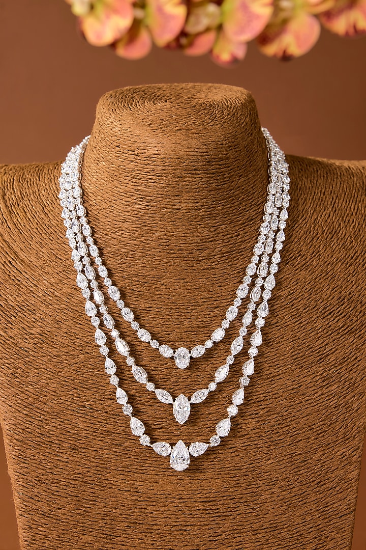 White Finish Zircon Long Necklace In Sterling Silver by STELLA CREATIONS at Pernia's Pop Up Shop