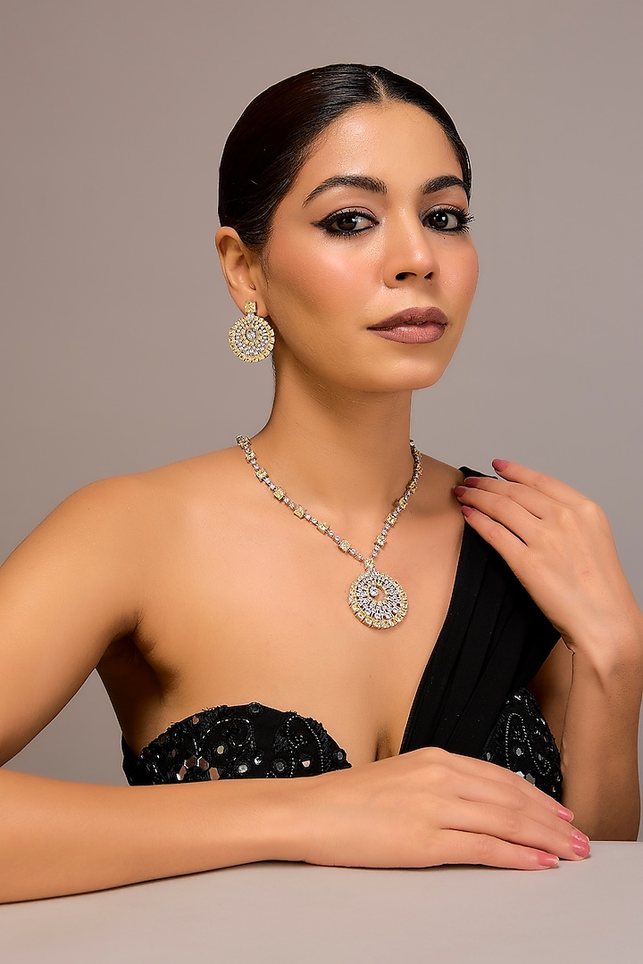 White Finish Zircon & Yellow Stone Necklace Set In Sterling Silver by STELLA CREATIONS at Pernia's Pop Up Shop