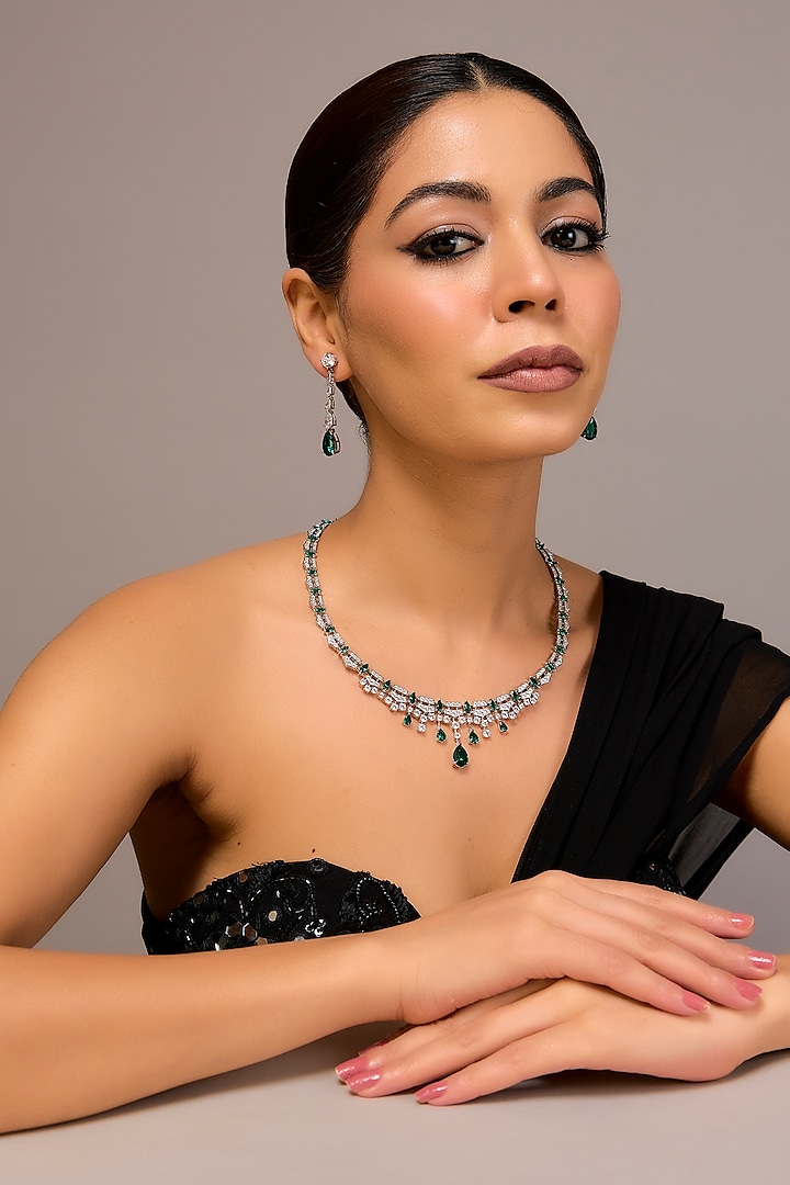 White Finish Zircon & Emerald Stone Necklace Set In Sterling Silver by STELLA CREATIONS at Pernia's Pop Up Shop