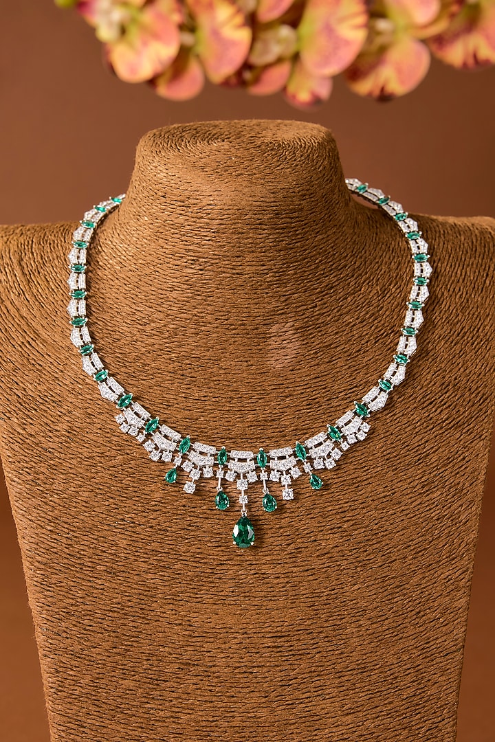 White Finish Zircon & Emerald Stone Necklace Set In Sterling Silver by STELLA CREATIONS at Pernia's Pop Up Shop