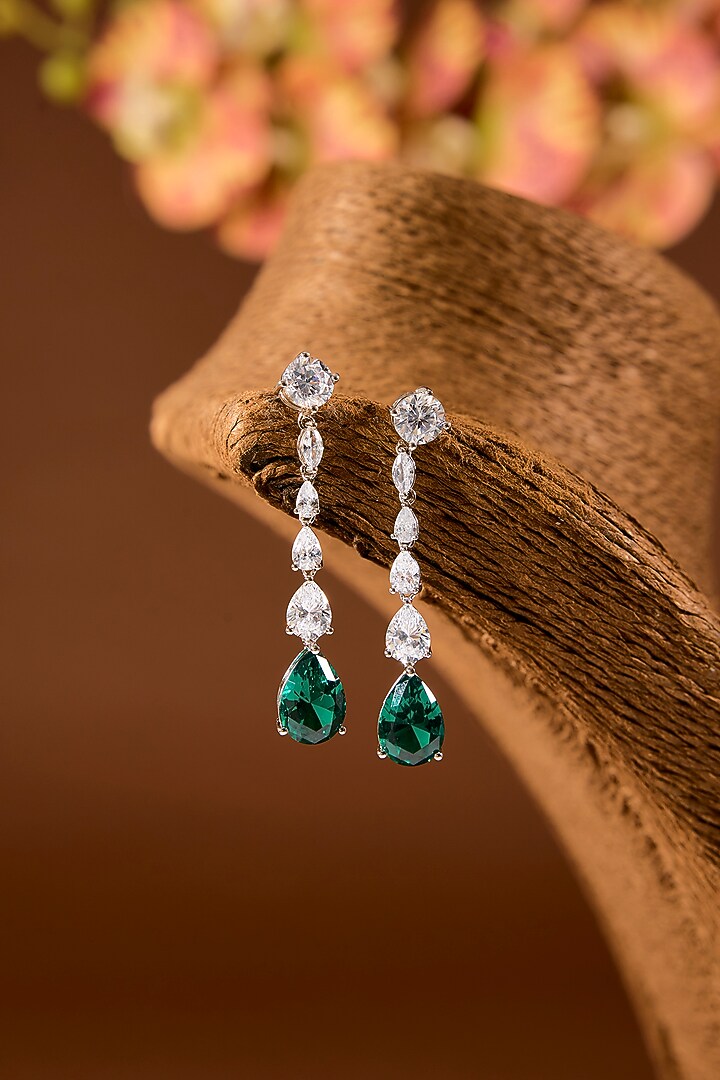 White Finish Zircon & Emerald Stone Necklace Set In Sterling Silver by STELLA CREATIONS at Pernia's Pop Up Shop