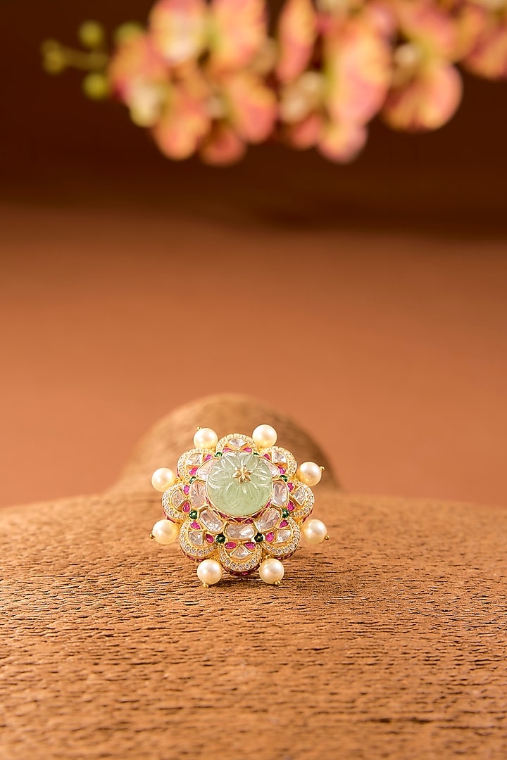 Gold Finish Kundan Polki & Emerald Stone Ring In Sterling Silver by STELLA CREATIONS at Pernia's Pop Up Shop