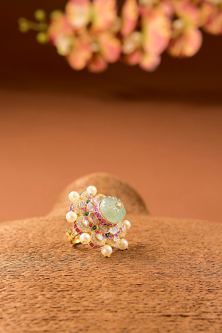 Gold Finish Kundan Polki & Emerald Stone Ring In Sterling Silver by STELLA CREATIONS at Pernia's Pop Up Shop