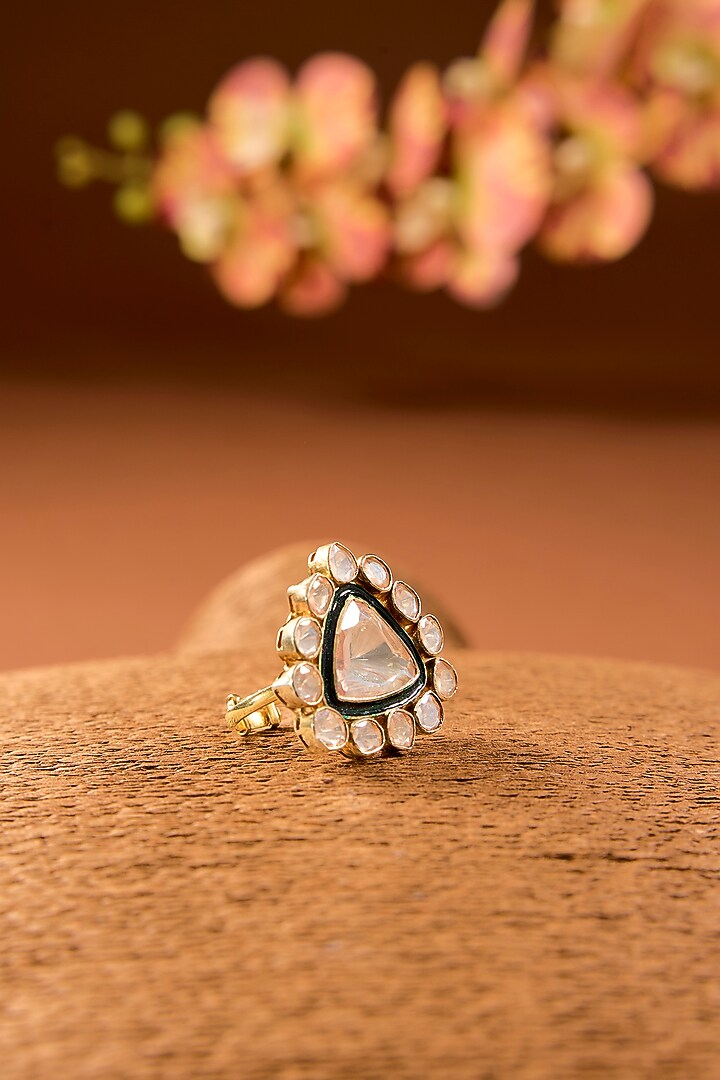 Gold Finish Kundan Polki Ring In Sterling Silver by STELLA CREATIONS at Pernia's Pop Up Shop