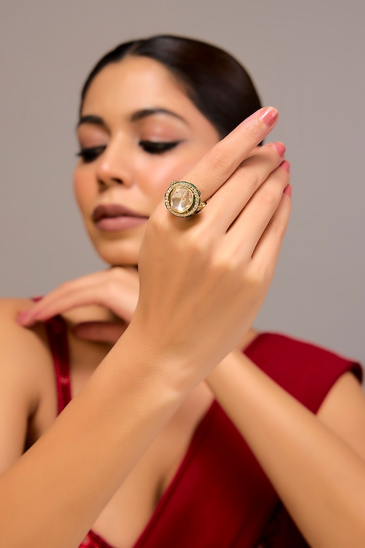 Gold Finish Green Kundan Polki Ring In Sterling Silver by STELLA CREATIONS at Pernia's Pop Up Shop