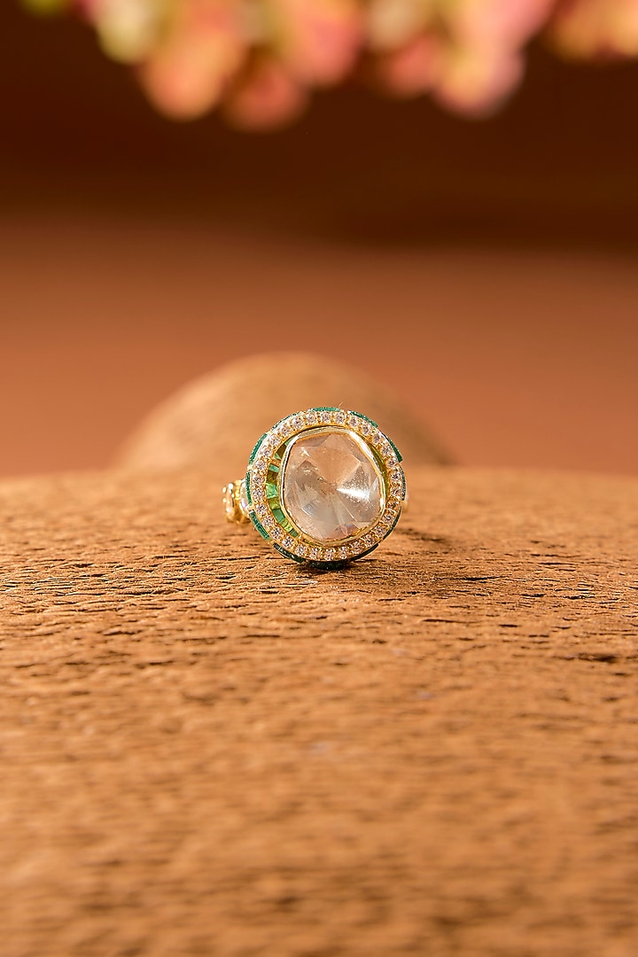 Gold Finish Green Kundan Polki Ring In Sterling Silver by STELLA CREATIONS at Pernia's Pop Up Shop