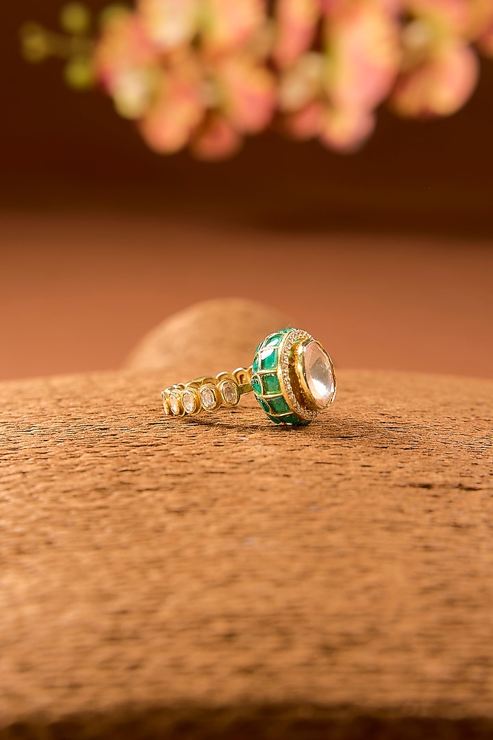 Gold Finish Green Kundan Polki Ring In Sterling Silver by STELLA CREATIONS at Pernia's Pop Up Shop