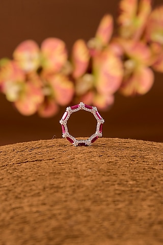 White Finish Zircon & Ruby Stone Ring In Sterling Silver by STELLA CREATIONS