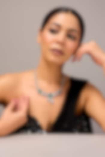 White Finish Zircon & Emerald Stone Necklace In Sterling Silver by STELLA CREATIONS at Pernia's Pop Up Shop