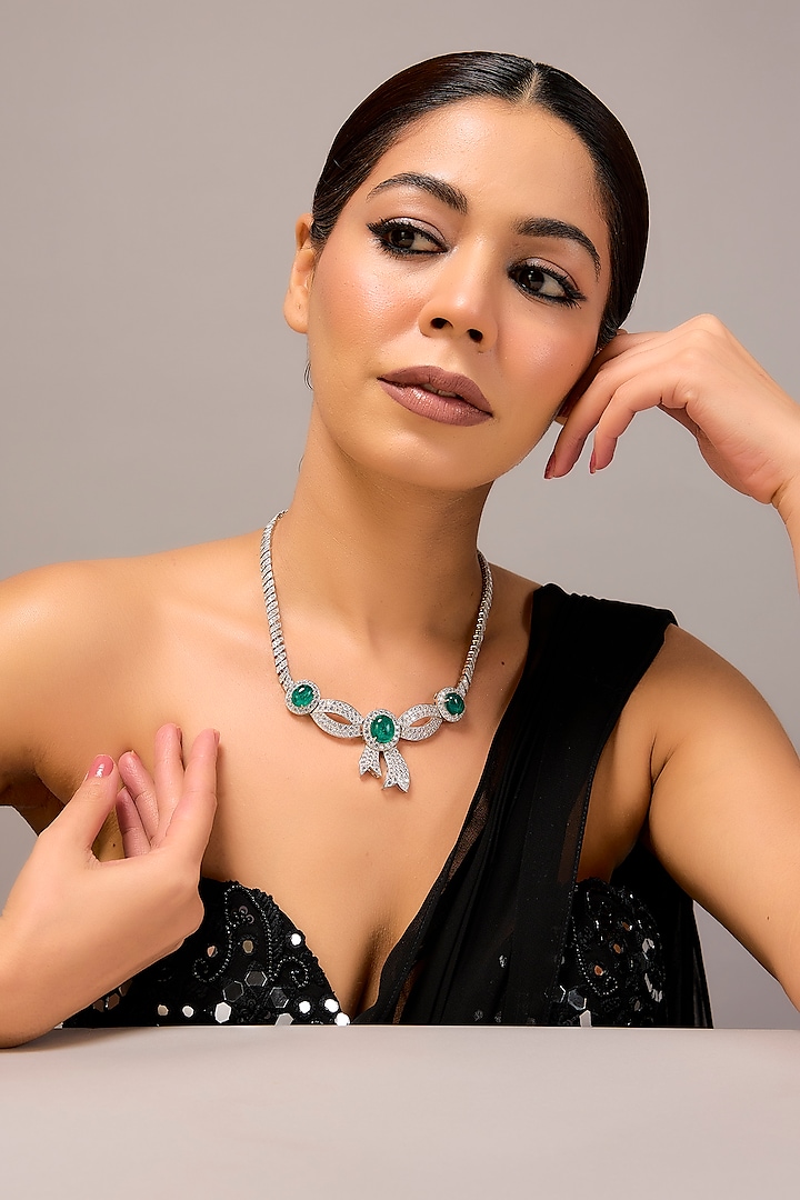 White Finish Zircon & Emerald Stone Necklace In Sterling Silver by STELLA CREATIONS at Pernia's Pop Up Shop