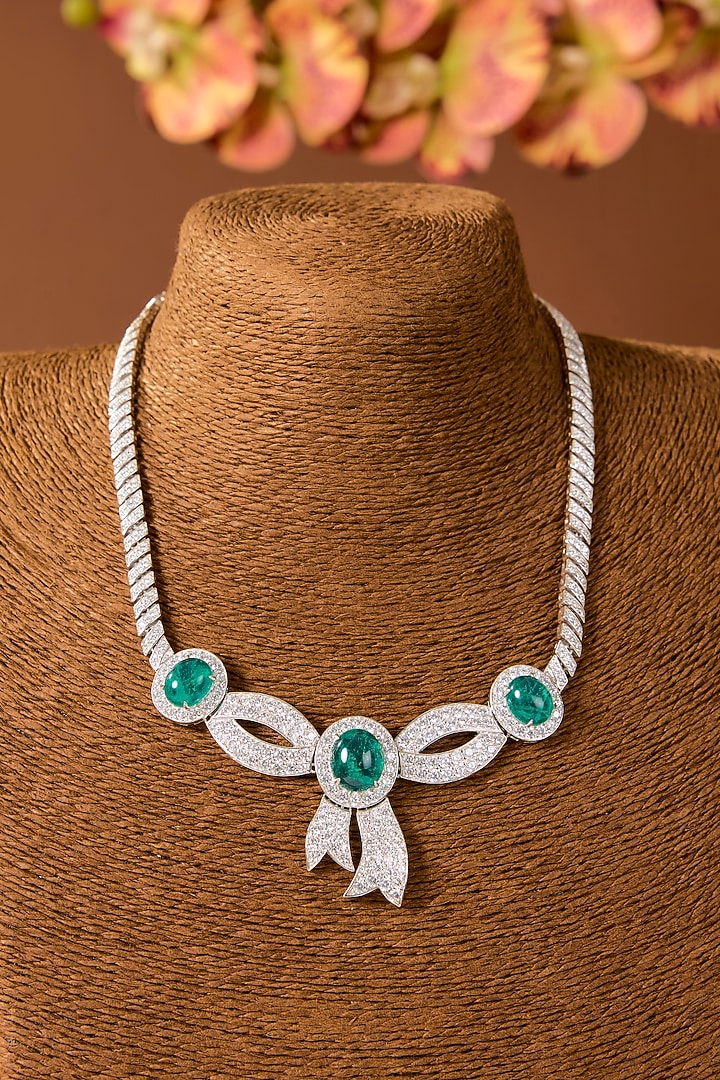 White Finish Zircon & Emerald Stone Necklace In Sterling Silver by STELLA CREATIONS at Pernia's Pop Up Shop