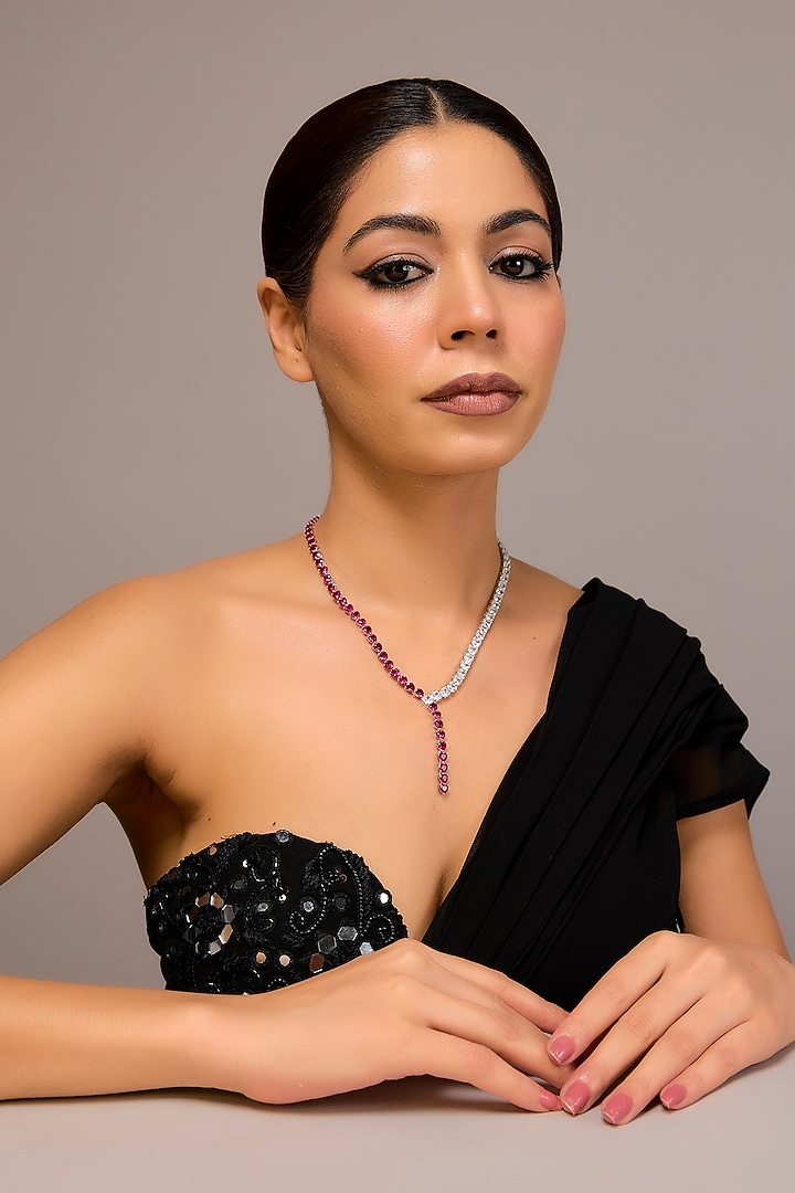 White Finish Zircon & Ruby Stone Necklace In Sterling Silver by STELLA CREATIONS at Pernia's Pop Up Shop