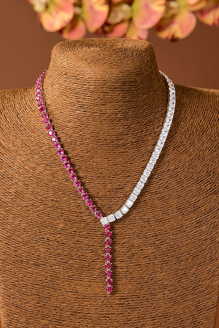 White Finish Zircon & Ruby Stone Necklace In Sterling Silver by STELLA CREATIONS at Pernia's Pop Up Shop