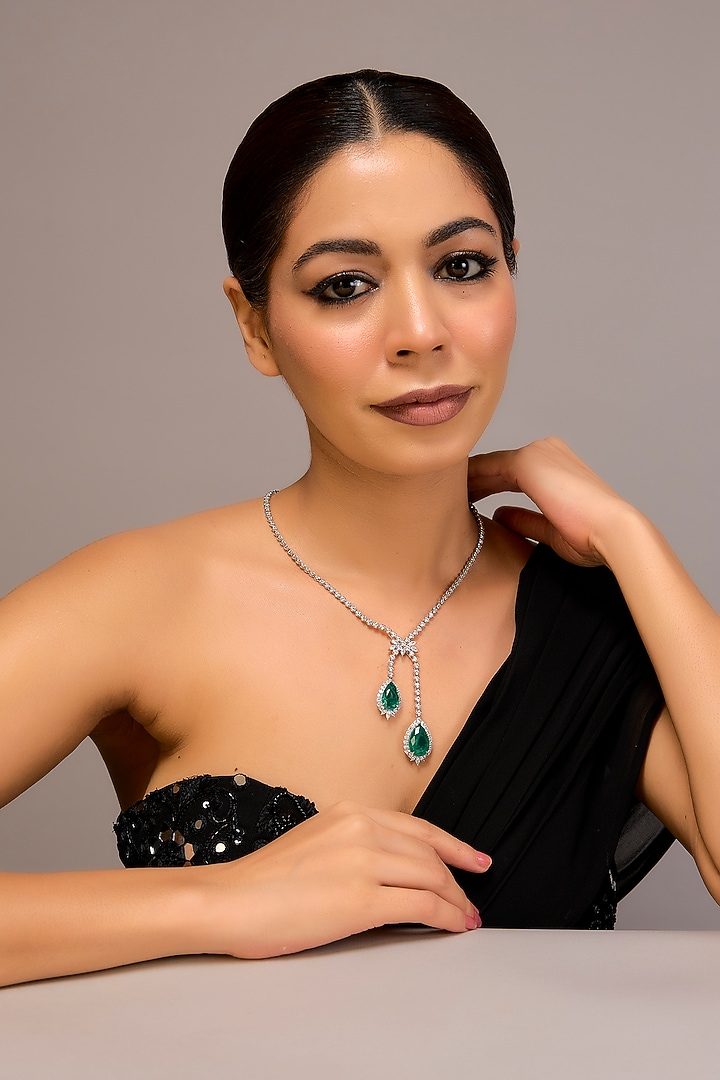 White Finish Zircon & Emerald Stone Necklace In Sterling Silver by STELLA CREATIONS at Pernia's Pop Up Shop