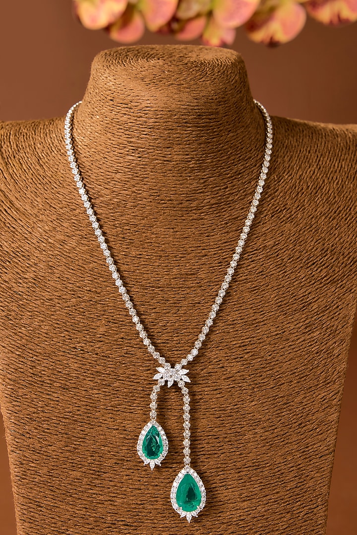 White Finish Zircon & Emerald Stone Necklace In Sterling Silver by STELLA CREATIONS at Pernia's Pop Up Shop