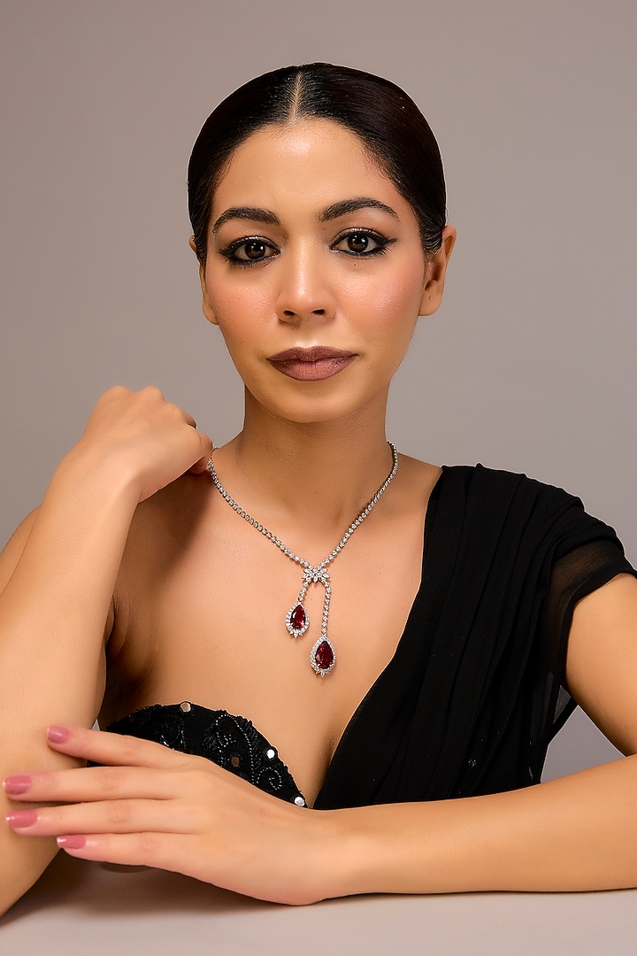 White Finish Zircon & Ruby Stone Necklace In Sterling Silver by STELLA CREATIONS at Pernia's Pop Up Shop