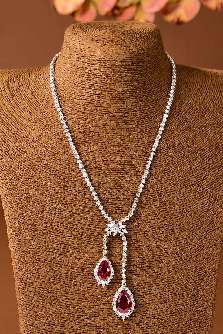 White Finish Zircon & Ruby Stone Necklace In Sterling Silver by STELLA CREATIONS at Pernia's Pop Up Shop